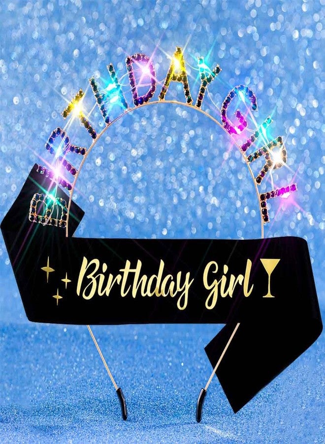 Aceorna Light Up Birthday Girl Headband Gold Rhinestone Crown and Sash Led Birthday Accessories Sets for Women (Black, One Size) - Image 1